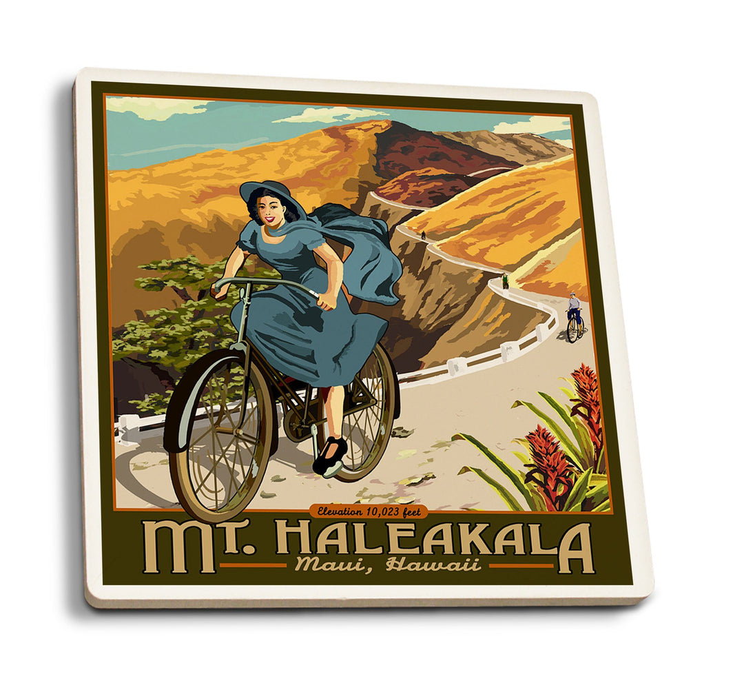 Coasters (Mount Haleakala, Hawaii, Bicycle, Lantern Press Artwork) Lifestyle-Coaster Lantern Press 