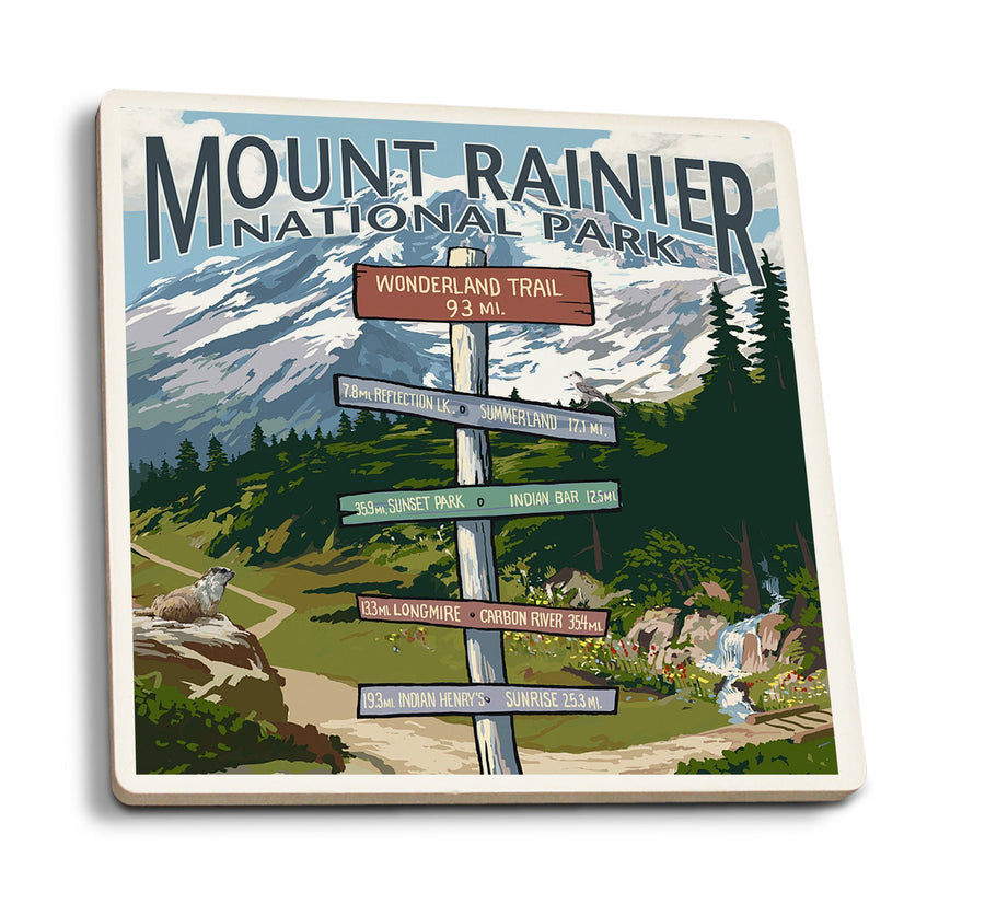 Coasters (Mount Rainier National Park, Washington, Wonderland Trail Destination Sign, Lantern Press) Lifestyle-Coaster Lantern Press 