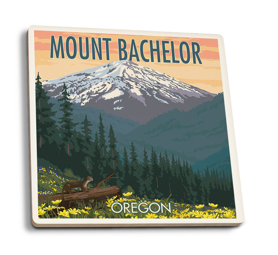 Coasters (Mt. Bachelor, Oregon, Pine Martin and Flowers, Lantern Press Artwork) Lifestyle-Coaster Lantern Press 