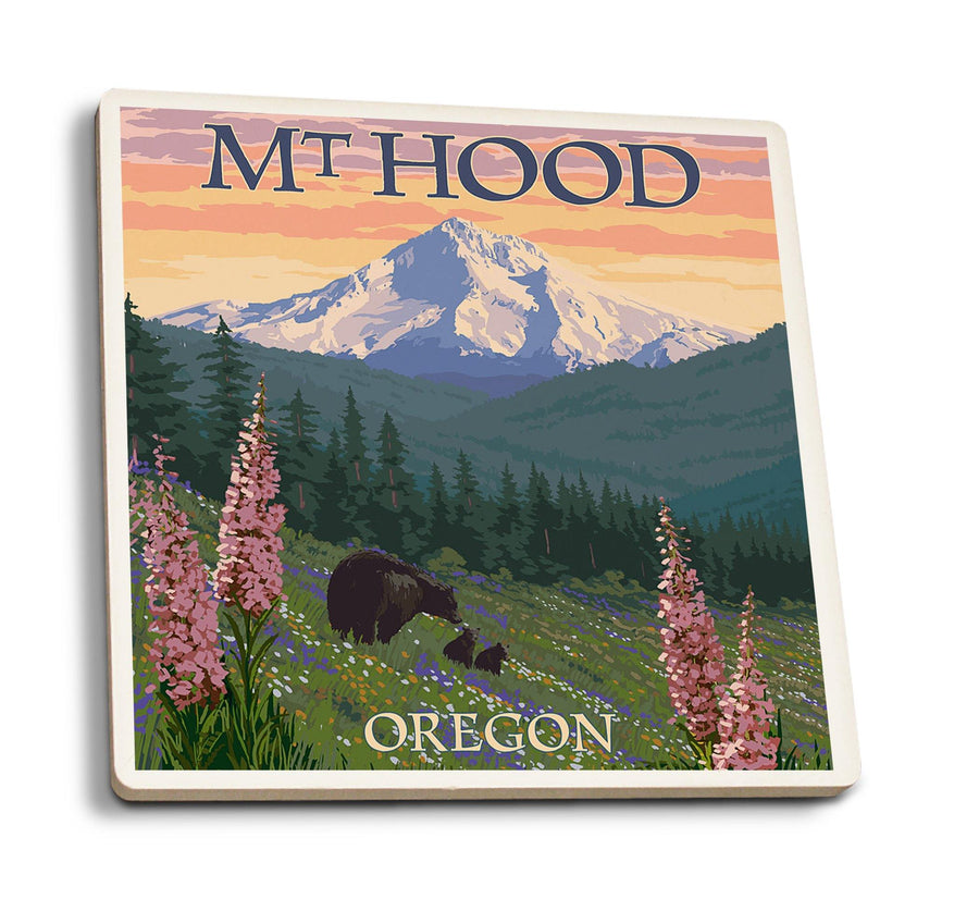 Coasters (Mt. Hood, Oregon, Bear Family & Spring Flowers, Lantern Press Artwork) Lifestyle-Coaster Lantern Press 