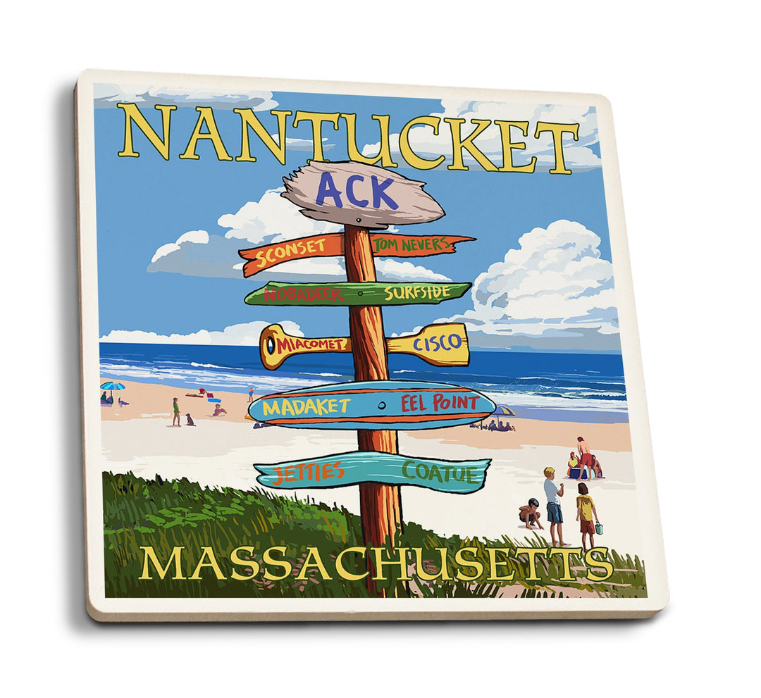 Coasters (Nantucket, Massachusetts, Destinations Sign, Lantern Press Artwork) Lifestyle-Coaster Lantern Press 