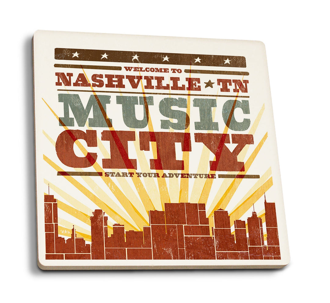 Coasters (Nashville, Tennessee, Skyline & Sunburst Screenprint Style, Lantern Press Artwork) Lifestyle-Coaster Lantern Press 
