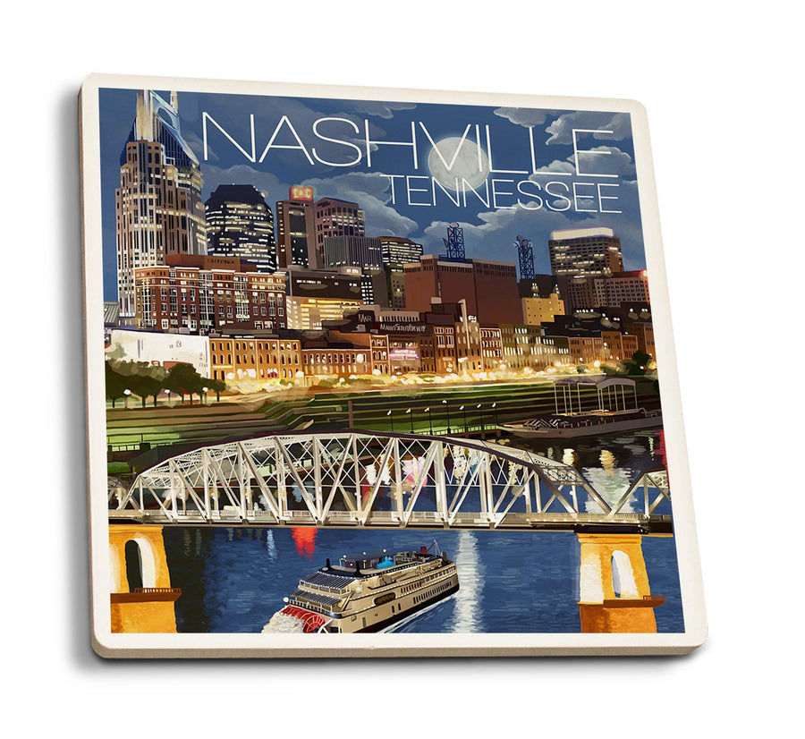 Coasters (Nashville, Tennesseee, Nashville at Night, Lantern Press Artwork) Lifestyle-Coaster Lantern Press 