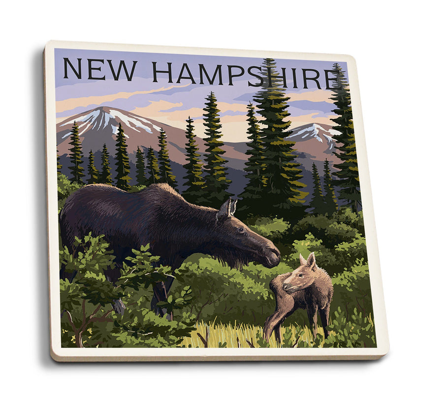Coasters (New Hampshire, Moose & Calf, Lantern Press Artwork) Lifestyle-Coaster Lantern Press 