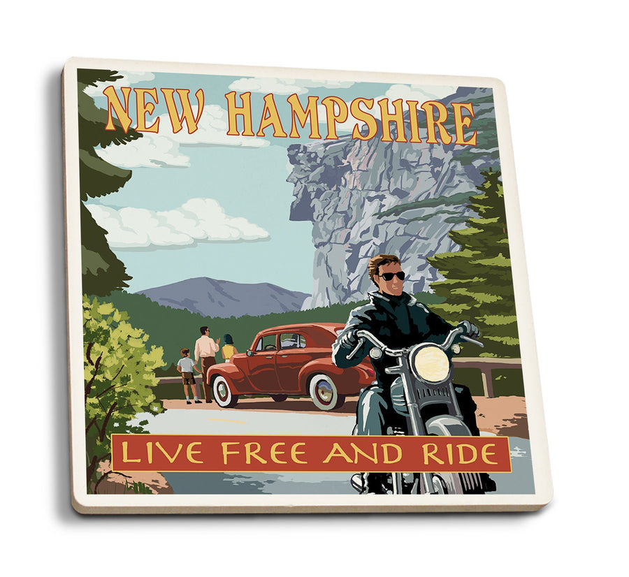 Coasters (New Hampshire, Motorcycle Scene and Old Man of the Mountain, Lantern Press Artwork) Lifestyle-Coaster Lantern Press 