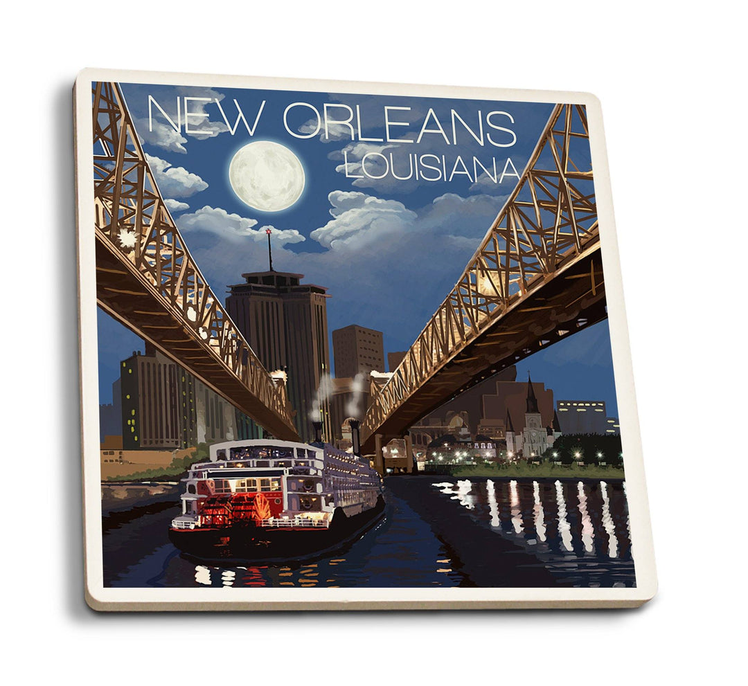 Coasters (New Orleans, Louisiana, Skyline at Night, Lantern Press Artwork) Lifestyle-Coaster Lantern Press 