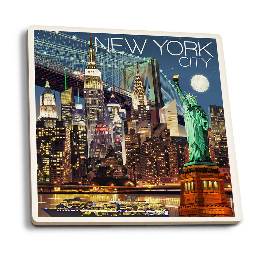 Coasters (New York City, NY, Skyline at Night, Lantern Press Artwork) Lifestyle-Coaster Lantern Press 