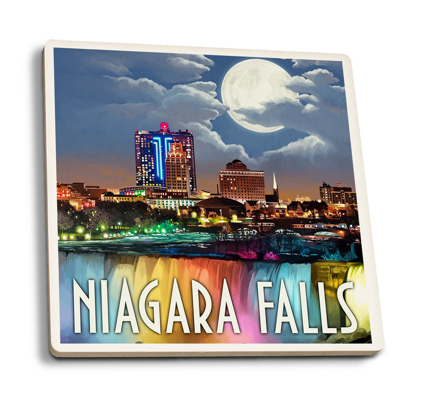 Coasters (Niagara Falls, New York, American Falls at Night, Lantern Press Artwork) Lifestyle-Coaster Lantern Press 