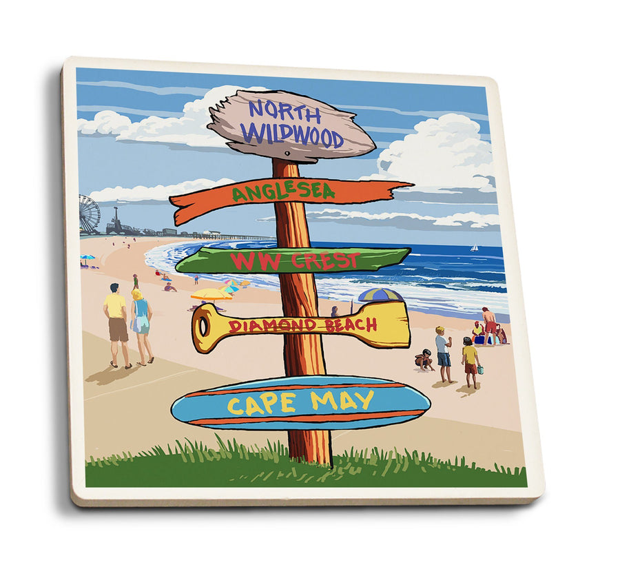 Coasters (North Wildwood, New Jersey, Destinations Sign, Lantern Press Artwork) Lifestyle-Coaster Lantern Press 