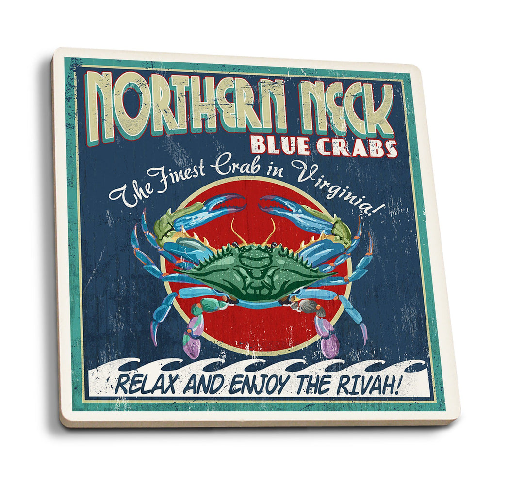 Coasters (Northern Neck, Virginia, Blue Crab Vintage Sign, Lantern Press Artwork) Lifestyle-Coaster Lantern Press 
