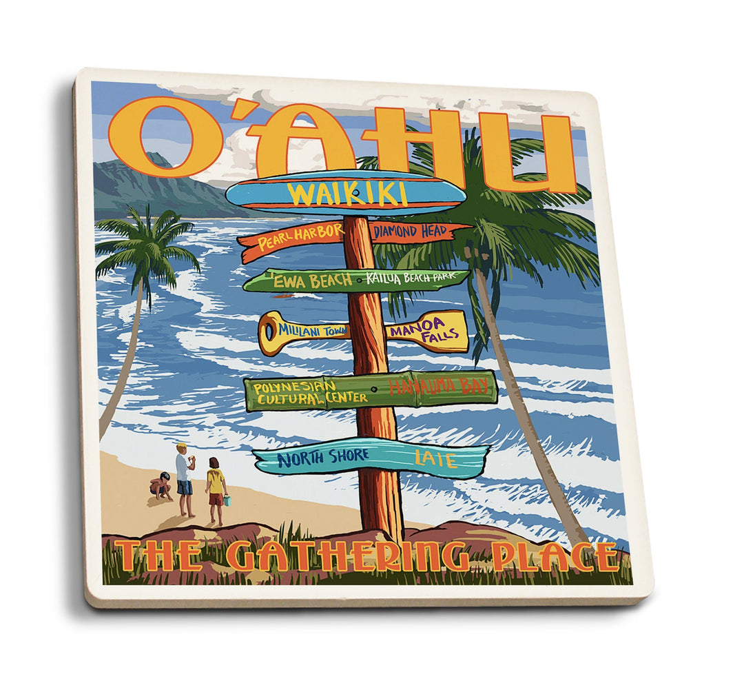 Coasters (Oahu, Hawaii, Signpost, Lantern Press Artwork) Lifestyle-Coaster Lantern Press 