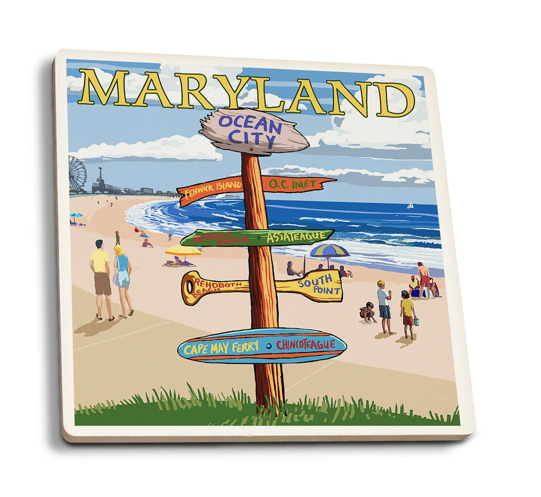 Coasters (Ocean City, Maryland, Destinations Sign, Lantern Press Artwork) Lifestyle-Coaster Lantern Press 