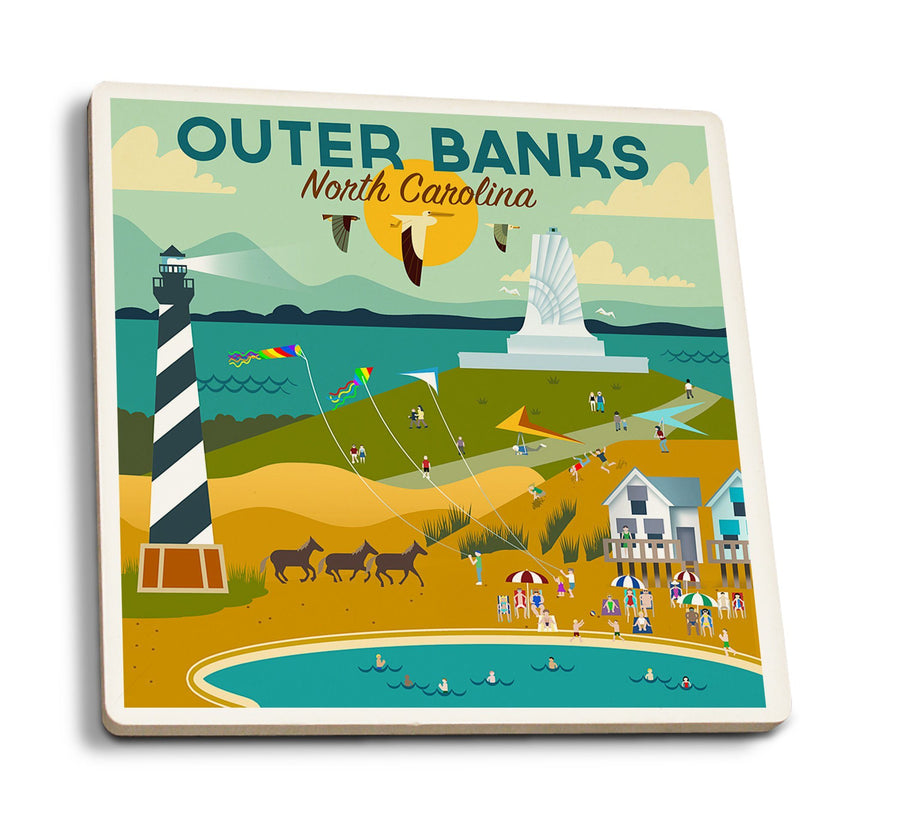 Coasters (Outer Banks, North Carolina, Beach, Ocean, & Lighthouse, Geometric, Lantern Press Artwork) Lifestyle-Coaster Lantern Press 