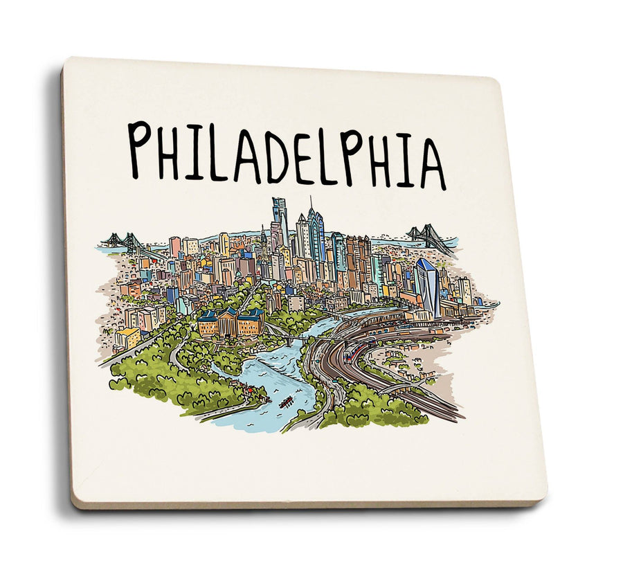 Coasters (Philadelphia, Pennsylvania, Line Drawing, Lantern Press Artwork) Coasters Lantern Press 