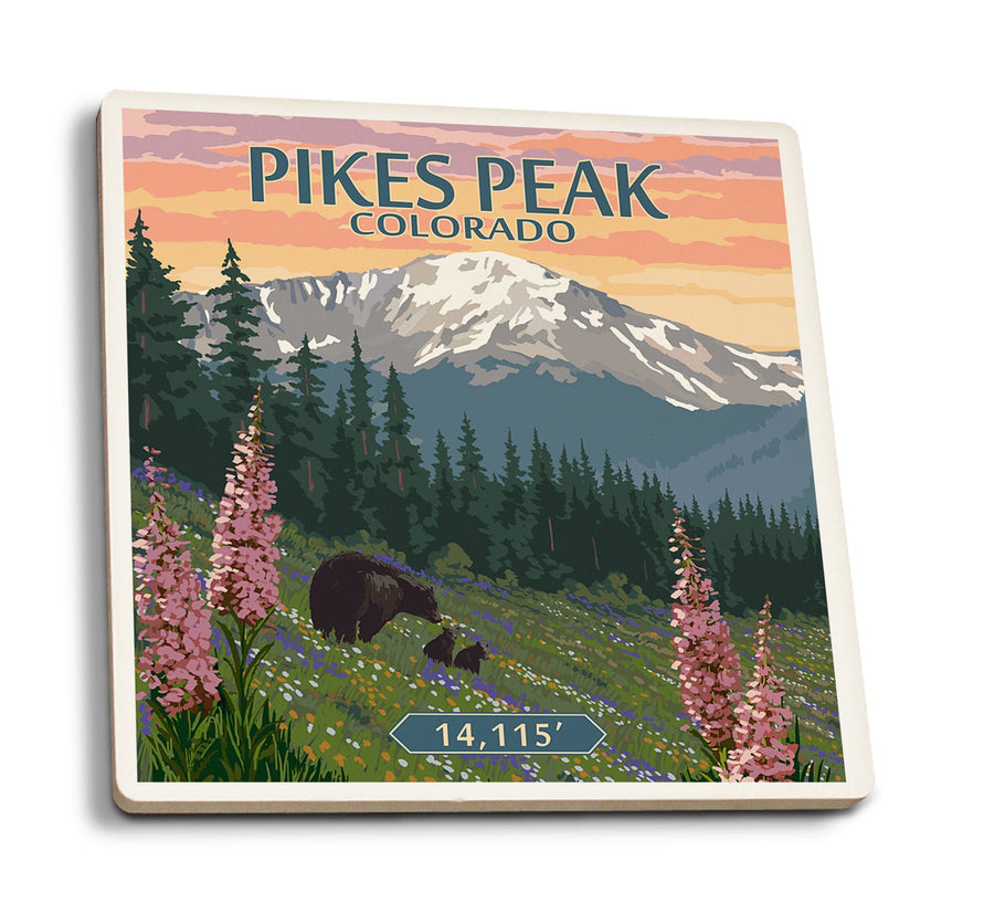 Coasters (Pikes Peak, Colorado, Bear & Spring Flowers, Lantern Press Artwork) Lifestyle-Coaster Lantern Press 