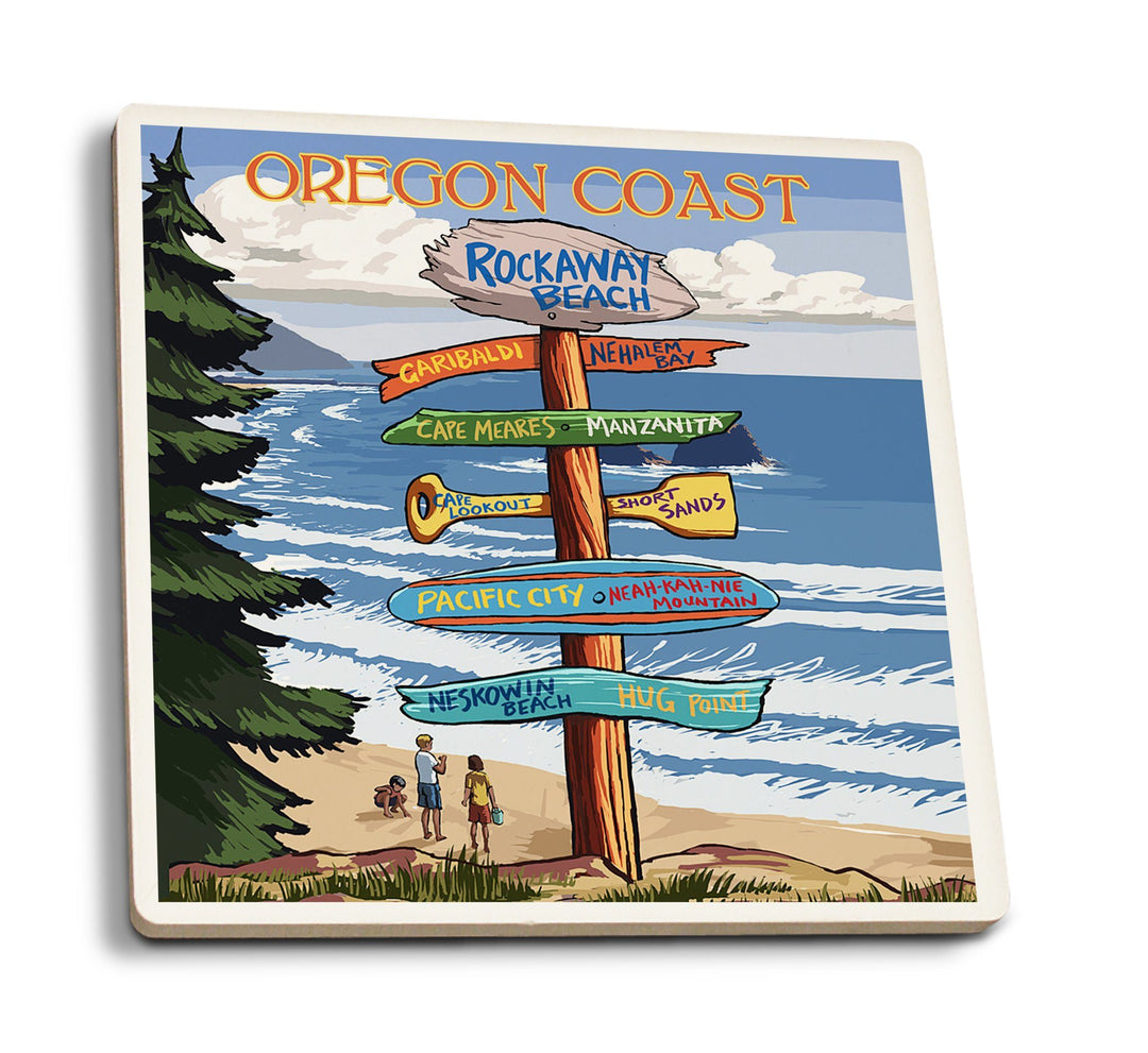 Coasters (Rockaway Beach, Oregon, Destinations Sign, Lantern Press Artwork) Lifestyle-Coaster Lantern Press 