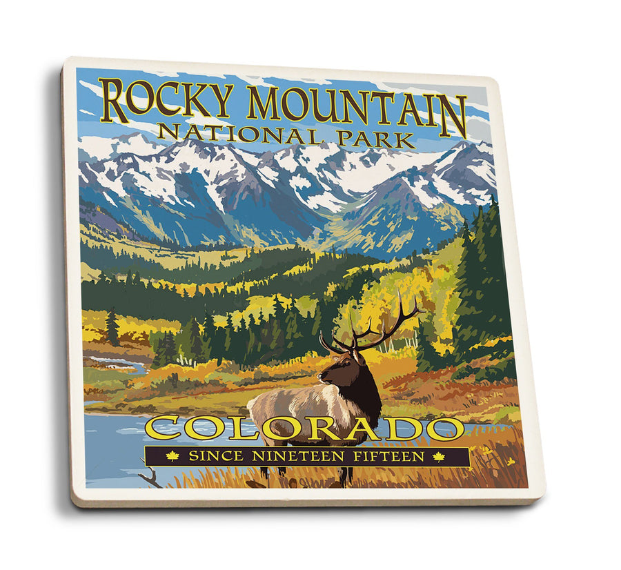 Coasters (Rocky Mountain National Park, Colorado, Fall and Elk, Lantern Press Artwork) Lifestyle-Coaster Lantern Press 