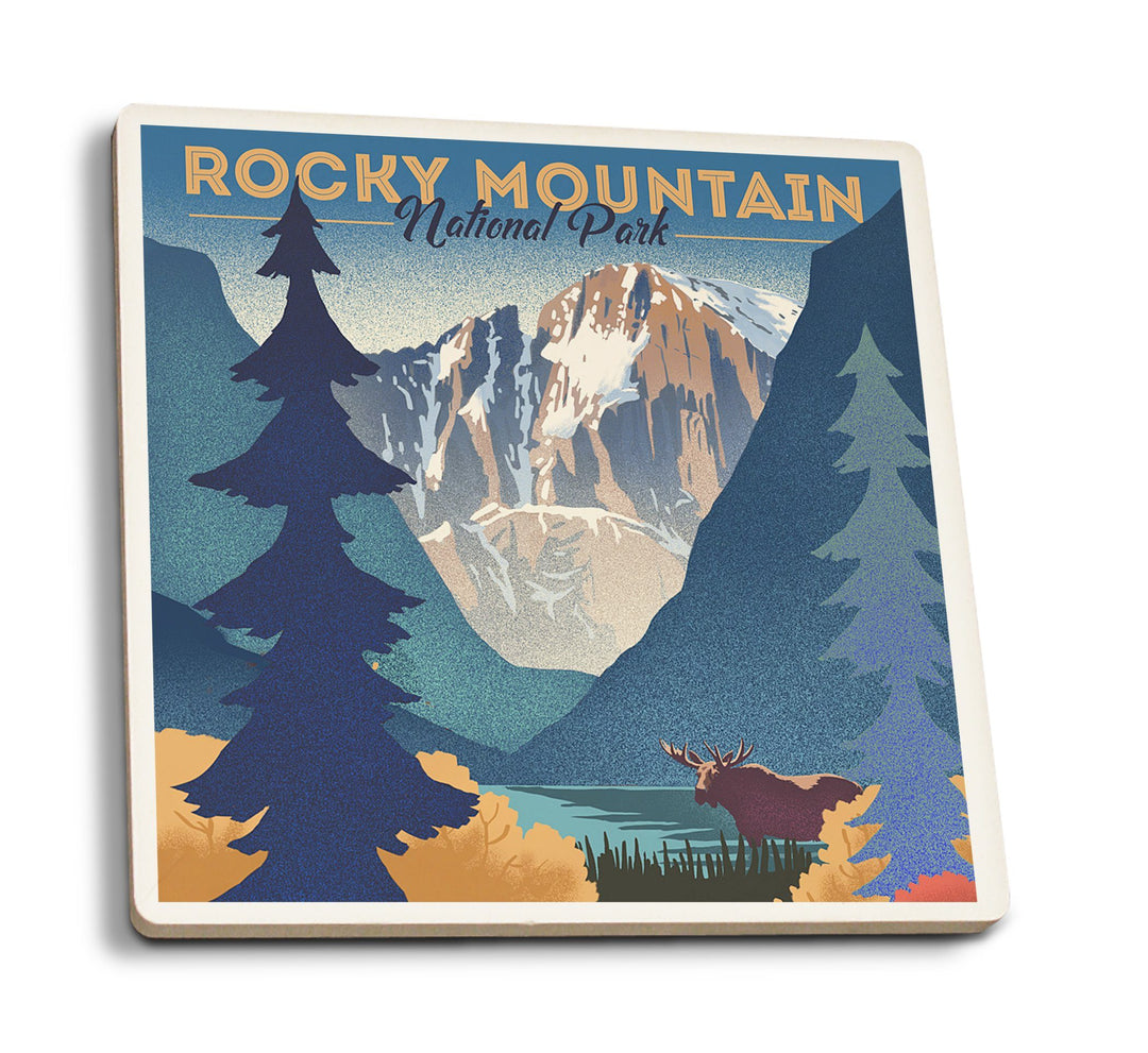 Coasters (Rocky Mountain National Park, Colorado, Moose & Lake, Lithograph, Lantern Press Artwork) Lifestyle-Coaster Lantern Press 