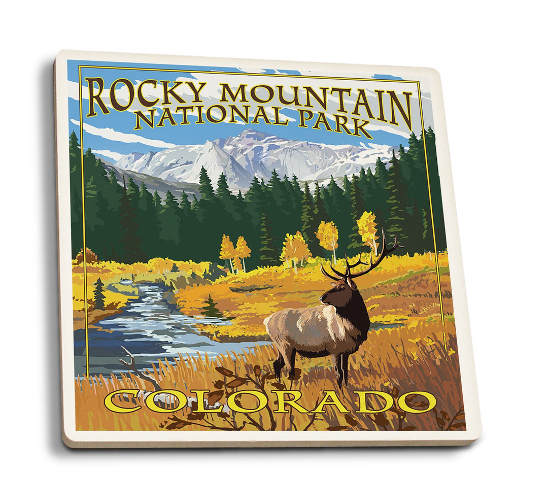 Coasters (Rocky Mountain National Park, Colorado, Mummy Range, Elk, Lantern Press Artwork) Lifestyle-Coaster Lantern Press 