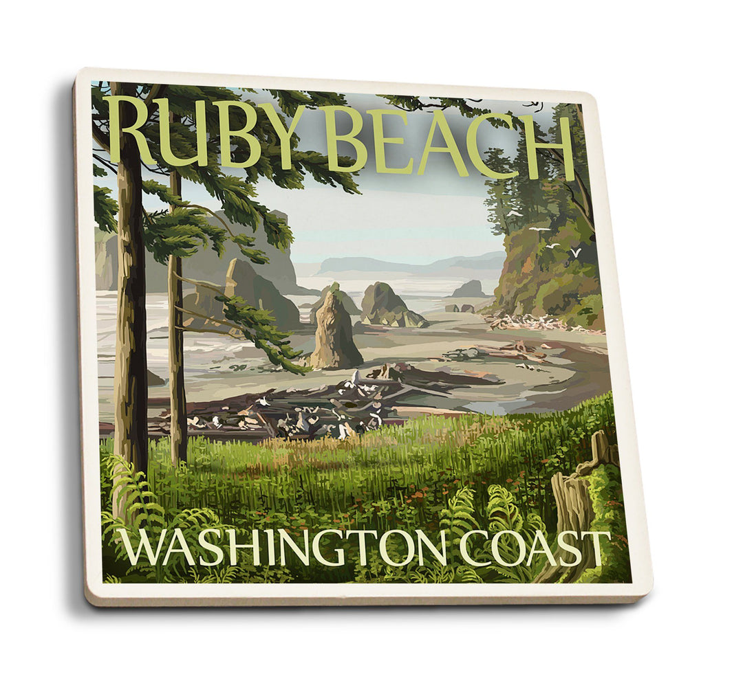Coasters (Ruby Beach, Washington Coast, Lantern Press Artwork) Lifestyle-Coaster Lantern Press 