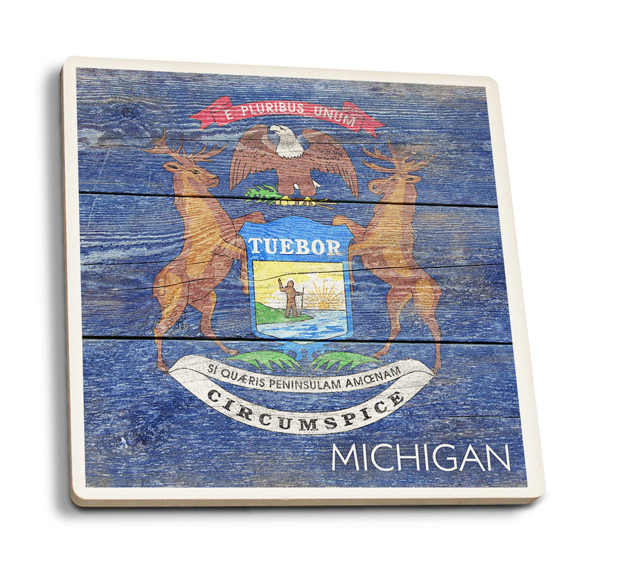 Coasters (Rustic Michigan State Flag, Lantern Press Artwork) Lifestyle-Coaster Lantern Press 