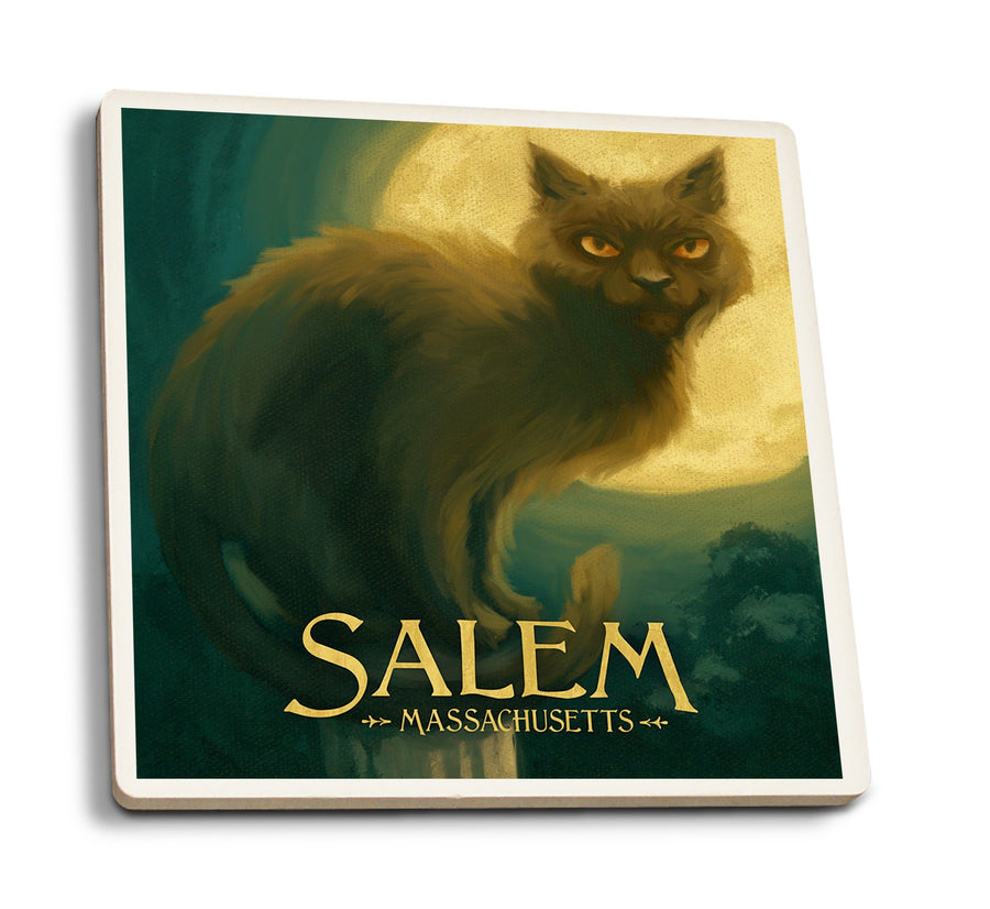 Coasters (Salem, Massachusetts, Black Cat, Halloween Oil Painting, Lantern Press Artwork) Lifestyle-Coaster Lantern Press 