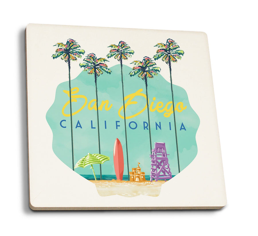 Coasters (San Diego, California, Tall Palms Beach Scene, Contour, Lantern Press Artwork) Lifestyle-Coaster Lantern Press 