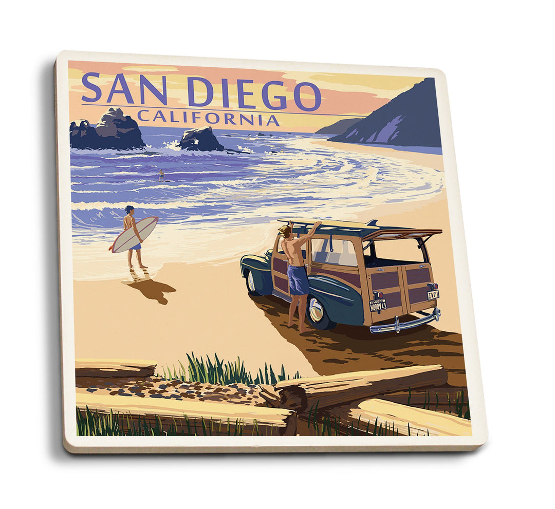 Coasters (San Diego, California, Woody on Beach, Lantern Press Artwork) Lifestyle-Coaster Lantern Press 