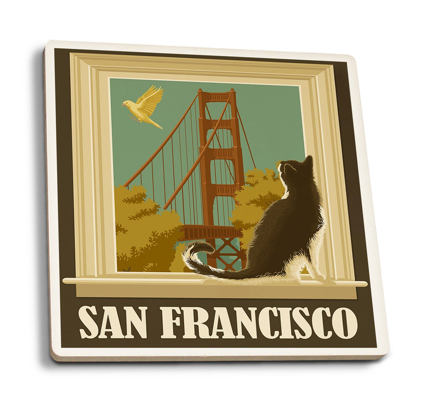 Coasters (San Francisco, California, Golden Gate Bridge & Cat Window, Lantern Press Artwork) Lifestyle-Coaster Lantern Press 