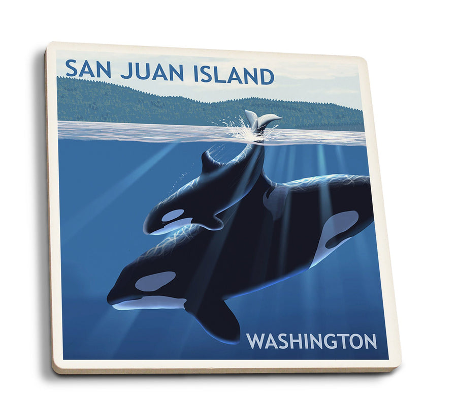 Coasters (San Juan Island, Washington, Orca and Calf, Lantern Press Artwork) Lifestyle-Coaster Lantern Press 