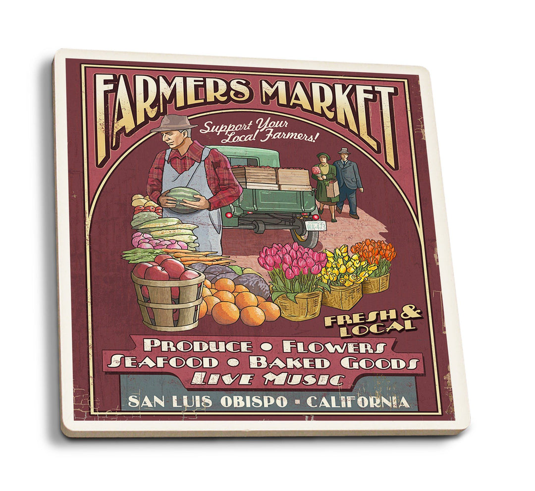 Coasters (San Luis Obispo, California, Farmers Market Vintage Sign, Lantern Press Artwork) Lifestyle-Coaster Lantern Press 
