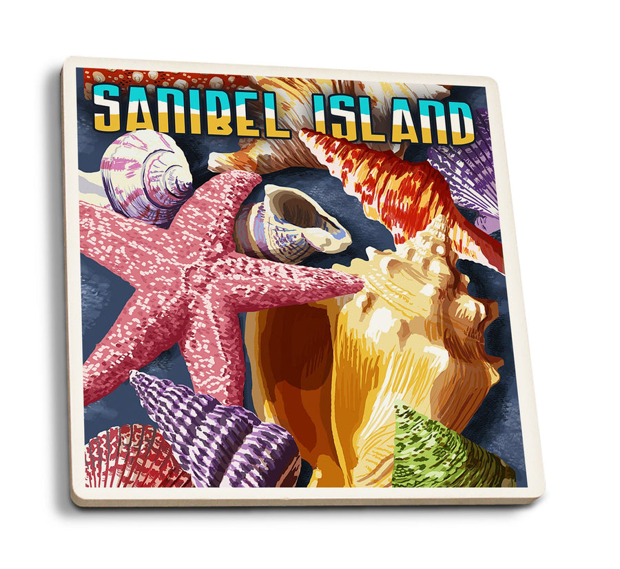 Coasters (Sanibel Island, Florida, Shell Montage, Lantern Press Poster) Lifestyle-Coaster Lantern Press 