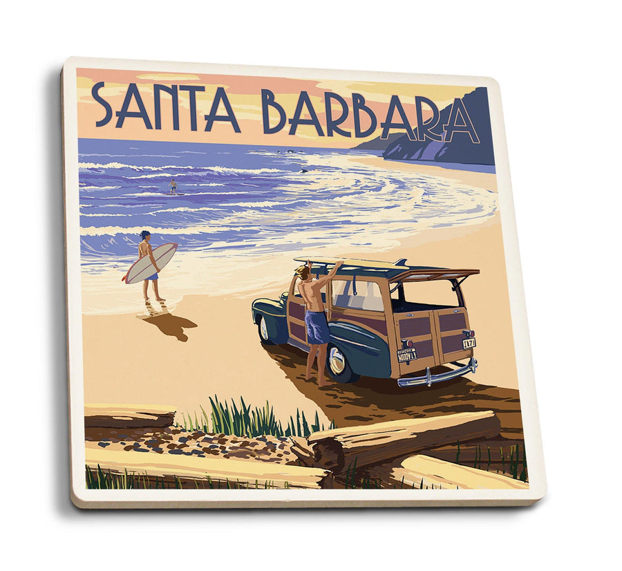Coasters (Santa Barbara, California, Woody on Beach, Lantern Press Artwork) Lifestyle-Coaster Lantern Press 