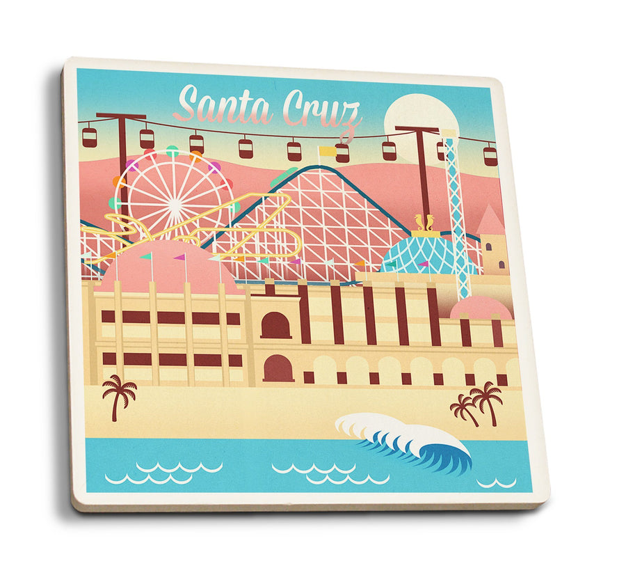 Coasters (Santa Cruz, California, Retro Skyline, Beach Colors, Lantern Press Artwork) Lifestyle-Coaster Lantern Press 