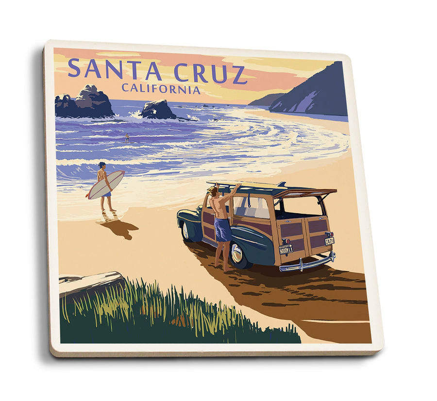 Coasters (Santa Cruz, California, Woody on Beach, Lantern Press Artwork) Lifestyle-Coaster Lantern Press 