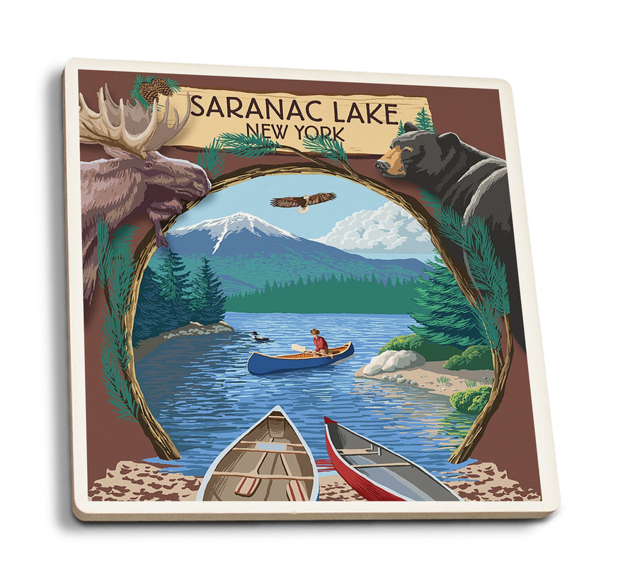 Coasters (Saranac Lake, New York, Adirondacks Canoe Scene, Lantern Press Artwork) Lifestyle-Coaster Lantern Press 