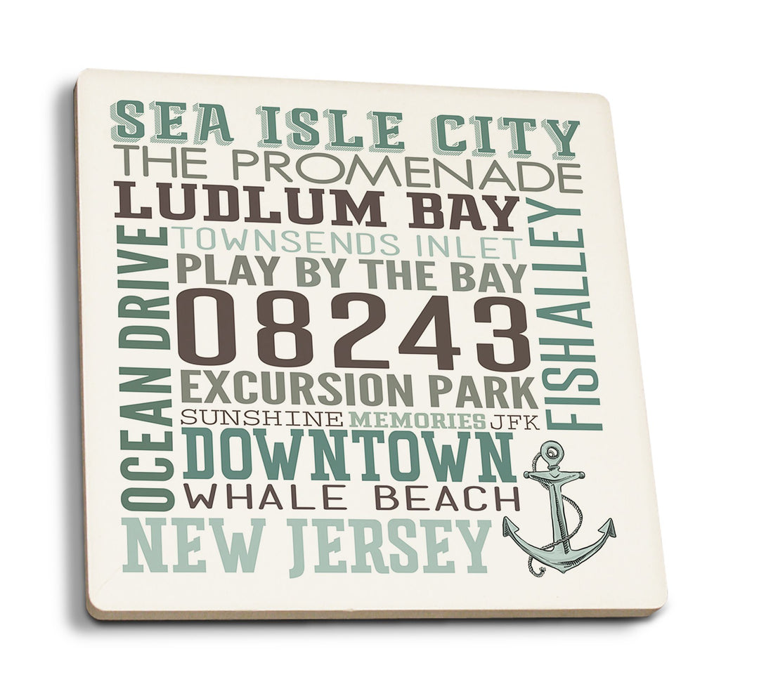 Coasters (Sea Isle City, New Jersey, Townsend Inlet, Typography w/ Anchor, Lantern Press Artwork) Lifestyle-Coaster Lantern Press 