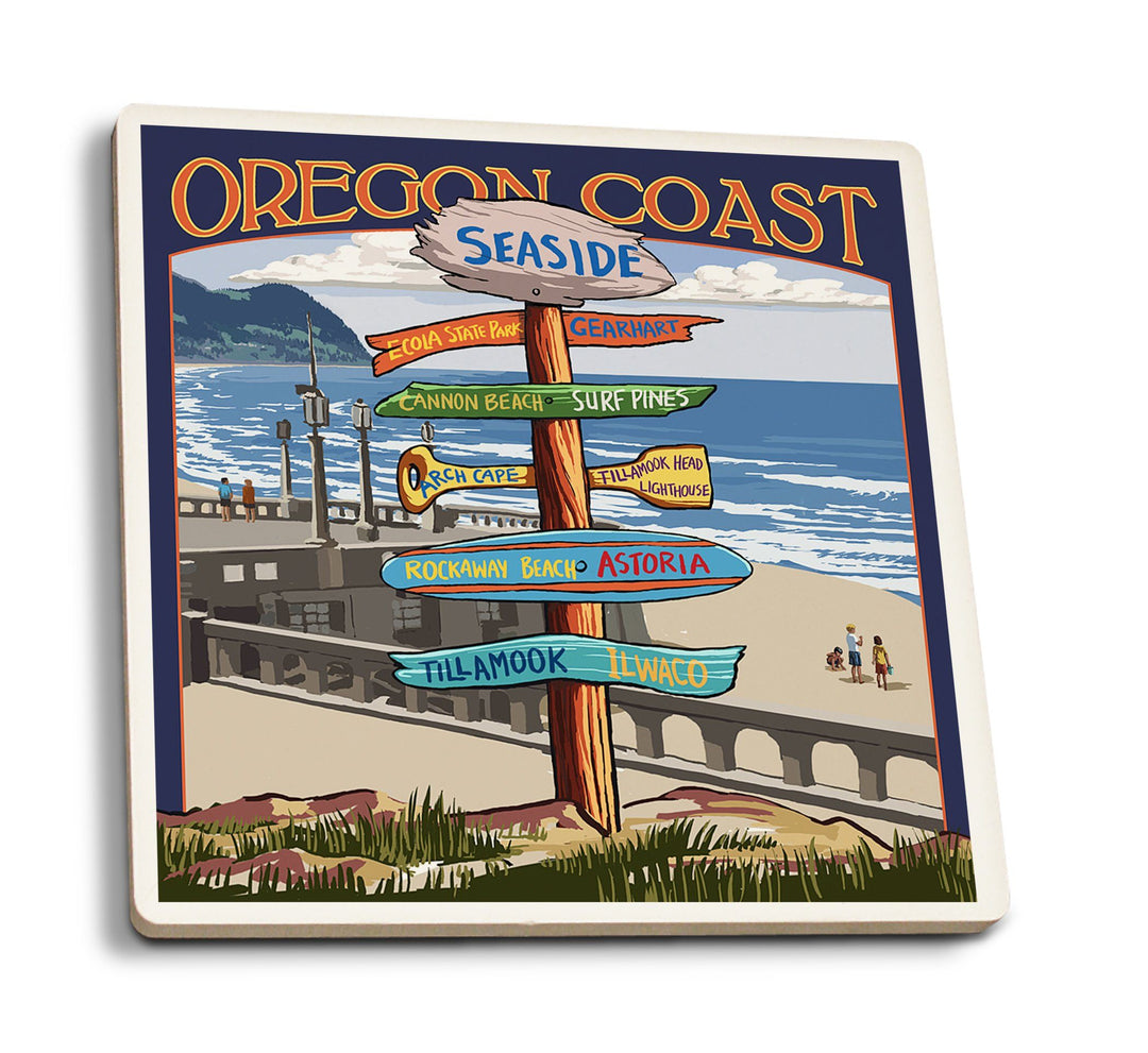 Coasters (Seaside, Oregon, Signpost, Lantern Press Artwork) Lifestyle-Coaster Lantern Press 