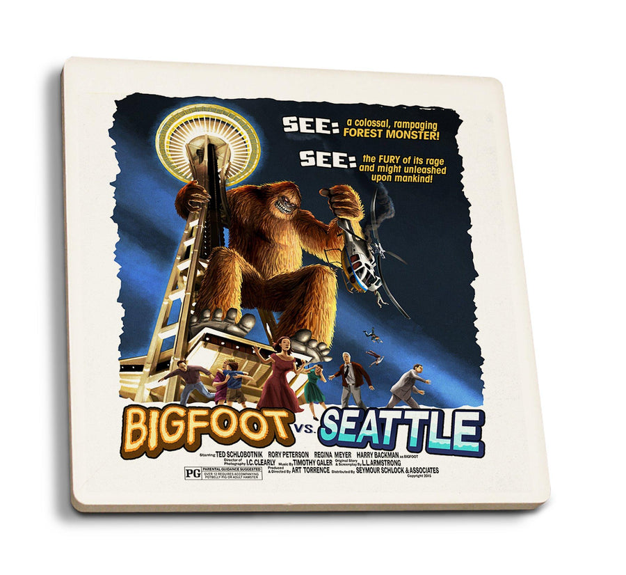 Coasters (Seattle, Washington, Bigfoot vs Seattle, Lantern Press Artwork) Lifestyle-Coaster Lantern Press 