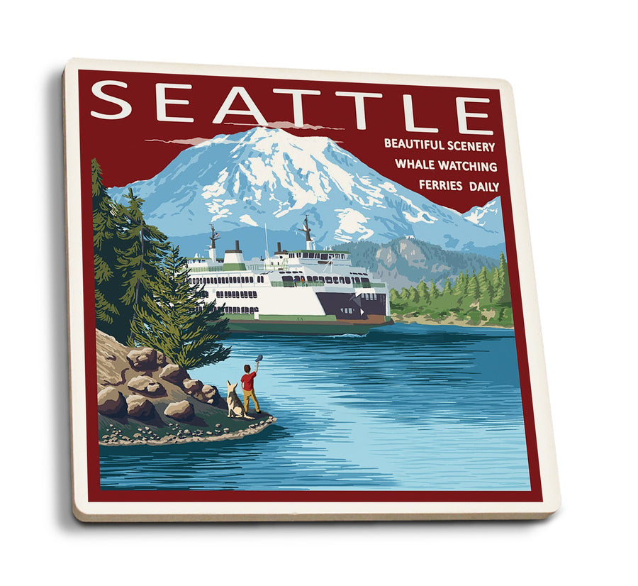 Coasters (Seattle, Washington, Ferry and Mount Rainier Scene, Lantern Press Artwork) Lifestyle-Coaster Lantern Press 