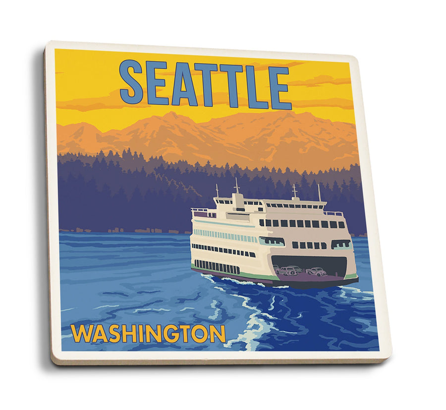 Coasters (Seattle, Washington, Ferry and Mountains, Lantern Press Artwork) Lifestyle-Coaster Lantern Press 
