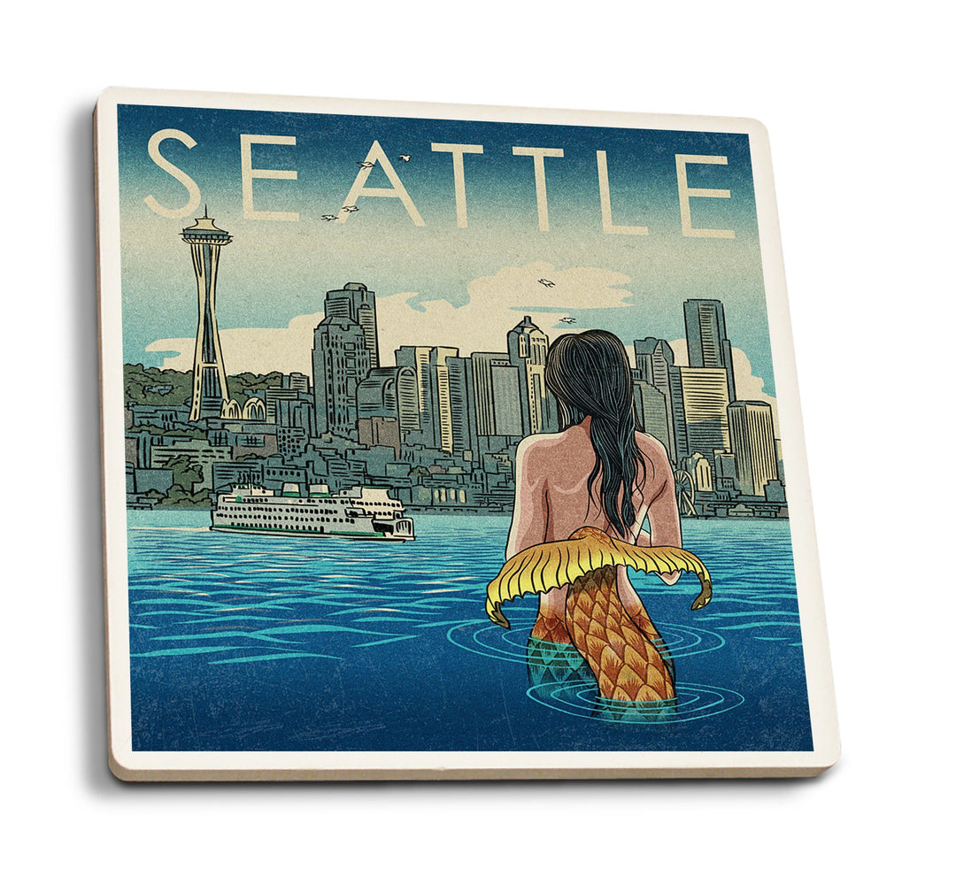 Coasters (Seattle, Washington, Mermaid, Lantern Press Artwork) Lifestyle-Coaster Lantern Press 