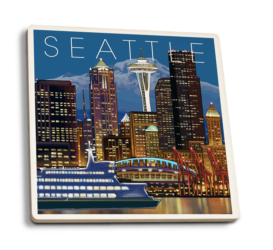 Coasters (Seattle, Washington, Skyline at Night, Lantern Press Artwork) Lifestyle-Coaster Lantern Press 