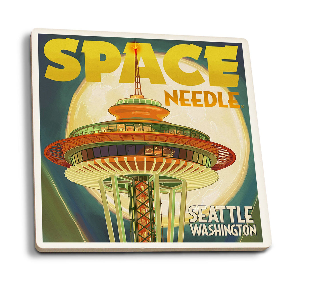 Coasters (Seattle, Washington, Space Needle & Full Moon, Lantern Press Artwork) Lifestyle-Coaster Lantern Press 
