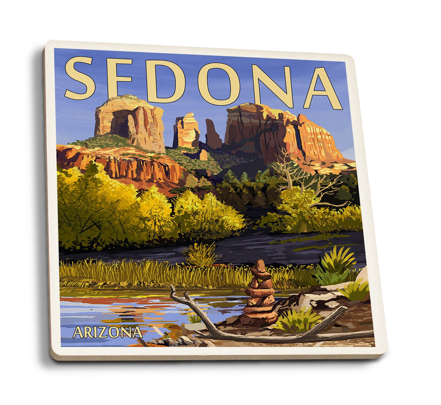 Coasters (Sedona, Arizona, Cathedral Rock & Cairn, Lantern Press Artwork) Lifestyle-Coaster Lantern Press 
