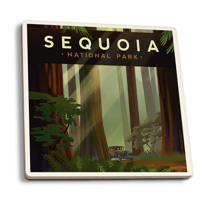 Coasters (Sequoia National Park, California, Redwood Forest, Geometric Lithograph, Lantern Press Artwork) Lifestyle-Coaster Nightingale Boutique 