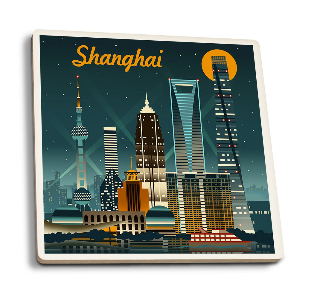 Coasters (Shanghai, China, Retro Skyline, Lantern Press Artwork) Lifestyle-Coaster Lantern Press 