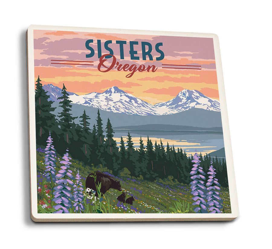 Coasters (Sisters, Oregon, Bear & Spring Flowers, Lantern Press Artwork) Lifestyle-Coaster Lantern Press 