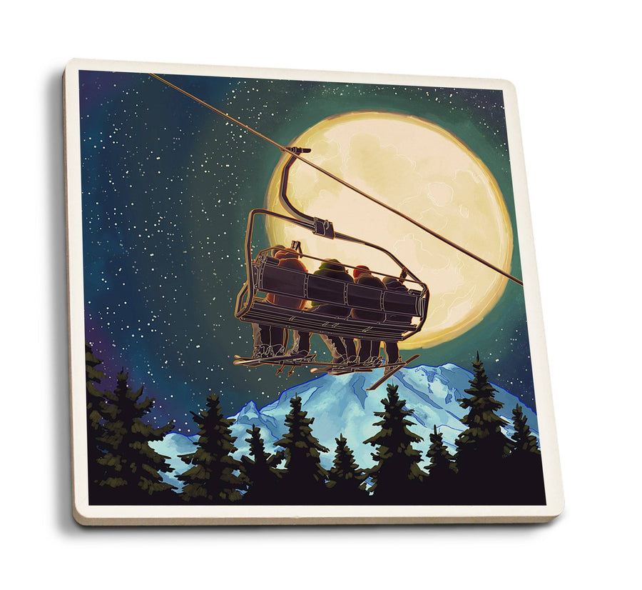 Coasters (Ski Lift and Full Moon, Lantern Press Artwork) Lifestyle-Coaster Lantern Press 