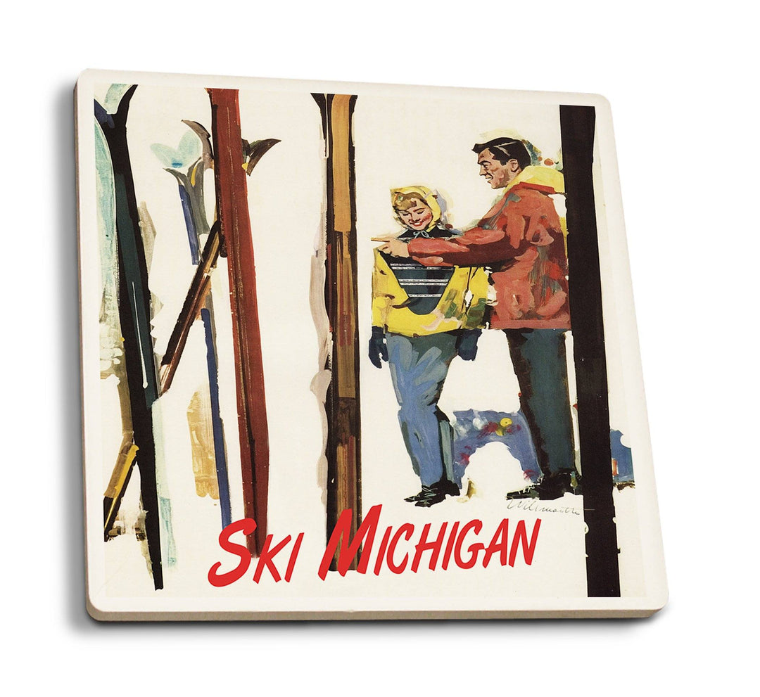 Coasters (Ski Michigan, Couple by Skis in the Snow, Lantern Press Artwork) Lifestyle-Coaster Lantern Press 